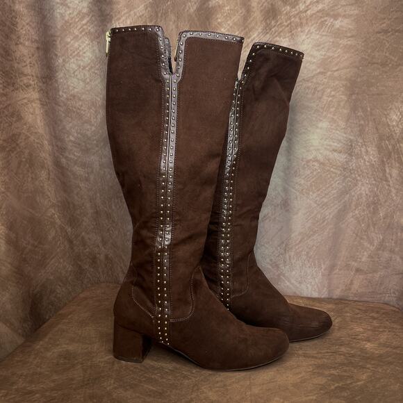Adrinnne Vittadini Studded Riding Boots Brown Faux Suede Chunky Heel Women's 8 - Picture 1 of 10